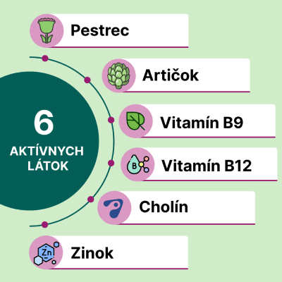 Hepactum FORTE sa skladá zo 6 aktívnych látok: pestrec mariánsky, artičoka, vitamín B9, vitamín B12, cholín a zinok